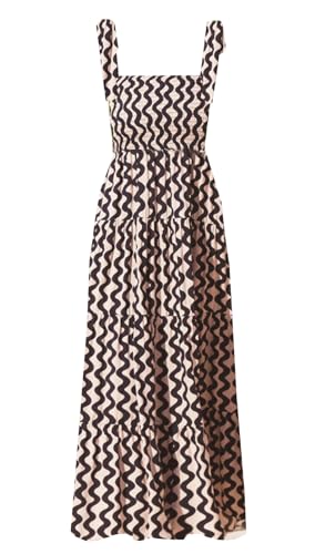 Damen Sommer Boho Spaghettiträger Quadratischer Ausschnitt Rüschen Casual Flowy Langes Kleid Strand Swing Party Maxikleid, H-Elfenbein, M von kinstell