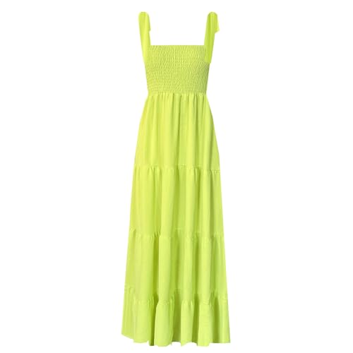 Damen Sommer Boho Spaghettiträger Quadratischer Ausschnitt Rüschen Casual Flowy Langes Kleid Strand Swing Party Maxikleid, Leuchtend grün, Medium von kinstell