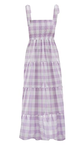 Damen Sommer Boho Spaghettiträger Quadratischer Ausschnitt Rüschen Casual Flowy Langes Kleid Strand Swing Party Maxikleid, Lila kariert, S von kinstell