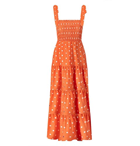 Damen Sommer Boho Spaghettiträger Quadratischer Ausschnitt Rüschen Casual Flowy Langes Kleid Strand Swing Party Maxikleid, Orange mit Punkten, M von kinstell