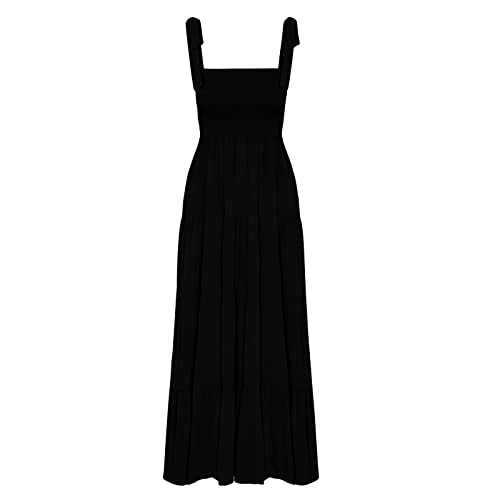 Damen Sommer Boho Spaghettiträger Quadratischer Ausschnitt Rüschen Casual Flowy Lange Kleid Strand Swing Party Maxikleid, Schwarz , X-Large von kinstell