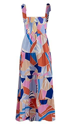 Damen Sommer Boho Spaghettiträger Quadratischer Ausschnitt Rüschen Casual Flowy Langes Kleid Strand Swing Party Maxikleid, Z-Blau mit Blumenmuster, M von kinstell