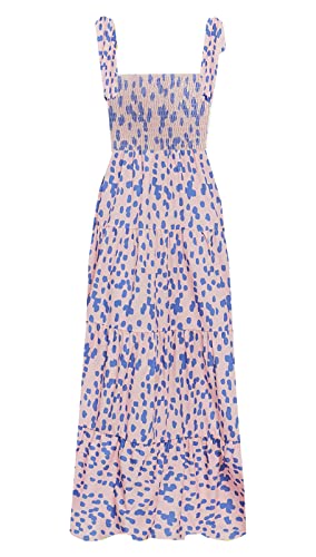 Damen Sommer Boho Spaghettiträger Quadratischer Ausschnitt Rüschen Casual Flowy Langes Kleid Strand Swing Party Maxikleid, Z-pink, L von kinstell