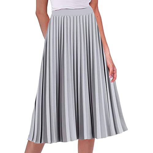 Elastischer Faltenrock für Damen, hohe Taille, A-Linie, Midi-Swingrock, schicker Vintagerock, grau, M von kinstell
