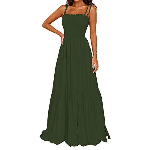 kinstell Damen 2023 Sommer Casual Boho Ärmellos Spaghettiträger Gesmokter Quadratischer Ausschnitt Rüschen A Linie Strand Lang Maxikleid, Grün , X-Groß von kinstell