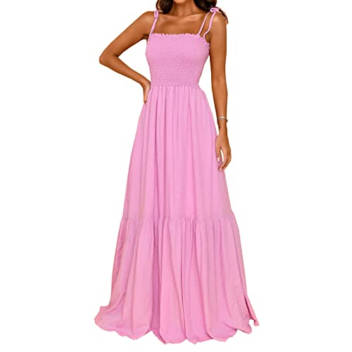 kinstell Maxikleid für Damen, Sommer, lässig, Boho, ärmellos, Spaghettiträger, gesmokt, quadratischer Ausschnitt, Rüschen, A-Linie, Strand, langes Maxikleid, Pink, Groß von kinstell