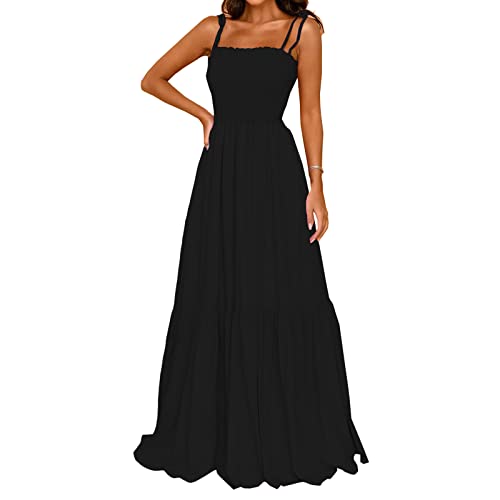 kinstell Damen 2023 Sommer Casual Boho Ärmellos Spaghettiträger Gesmokter Quadratischer Ausschnitt Rüschen A Linie Strand Lang Maxikleid, Schwarz, X-Groß von kinstell