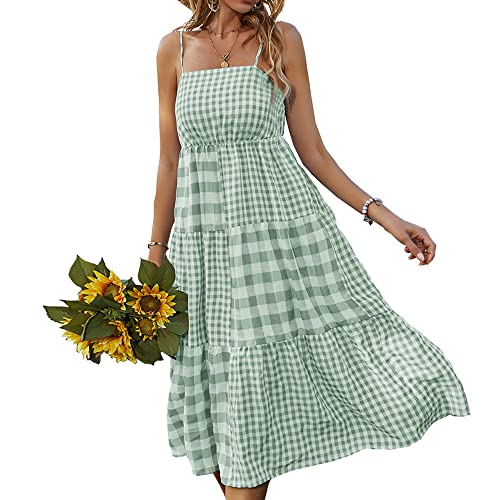 kinstell Damen 2023 Sommer Casual Boho Plaid Kleid Ärmellos Quadratischer Ausschnitt Spaghettiträger Gesmokte Gestufte Strand Sonnenkleider, Grün , Mittel von kinstell