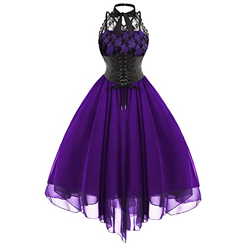 kinstell Damen Ärmellos Gothic Korsett Kleid Vintage Floral Spitze Cocktail Formale Halloween Punk Hippie Kleider, violett, L von kinstell