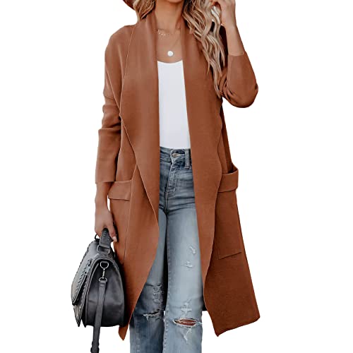 kinstell Damen Casual Langarm Open Front Strick Drapiert Lange Cardigan Jacken Pullover Mantel Blazer mit Taschen, coffee, S von kinstell