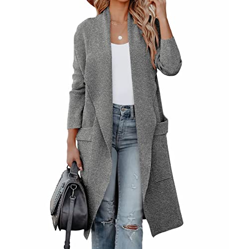 kinstell Damen Casual Langarm Open Front Strick Drapiert Lange Cardigan Jacken Pullover Mantel Blazer mit Taschen, grau, S von kinstell