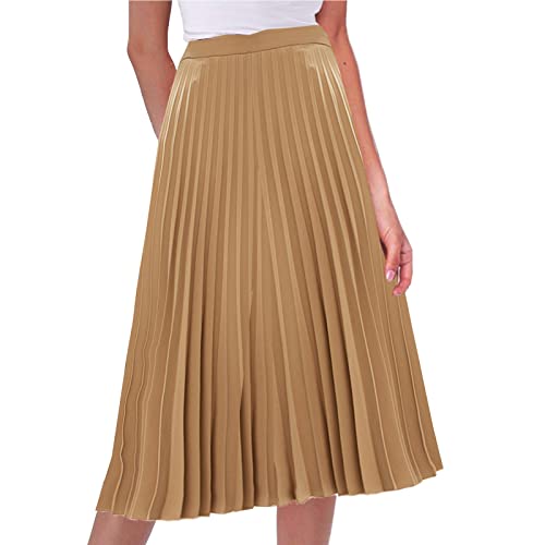 kinstell Damen Damen elastischer Faltenrock mit hoher Taille A-Linie Midi Swing Rock schicker Vintage langer Rock Khaki von kinstell