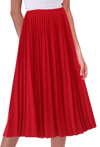 kinstell Damen Damen elastischer Faltenrock mit hoher Taille A-Linie Midi-Swingrock schicker Vintage-Langrock rot von kinstell