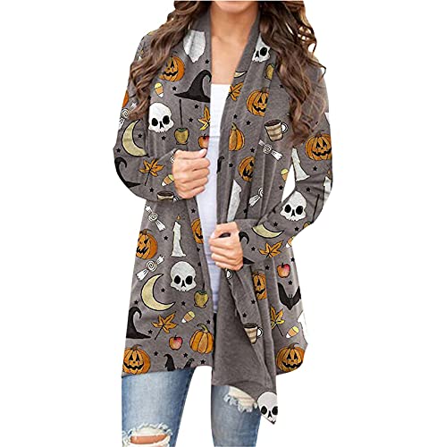 kinstell Damen Halloweenjacke, langärmelig, vorne offen, Kürbis, Tier, schwarze Katze, Geister, leichter Mantel, Grau, Mittel von kinstell