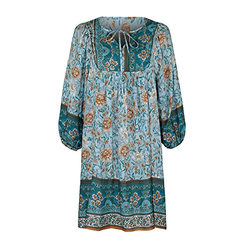 kinstell Damen Sommer Boho Blumendruck Mini Tunika Kleid V-Ausschnitt Casual Loose Flowy Swing Shift Kleider, blau, Medium von kinstell