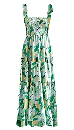 kinstell Boho-Sommerkleid für Damen, Spaghettiträgern und Rüschen, quadratischer Ausschnitt, lässiges, schwingendes, langes Strand-Kleid, Maxikleid für Partys, C-grünes Blumenmuster, Klein von kinstell