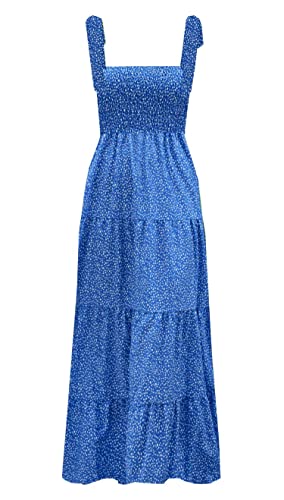 kinstell Damen Sommer Boho Spaghettiträger Quadratischer Ausschnitt Rüschen Casual Flowy Lange Kleid Strand Swing Party Maxikleid, Punkte blau, Mittel von kinstell