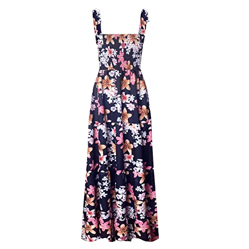 kinstell Damen Sommer Boho Spaghettiträger Quadratischer Ausschnitt Rüschen Casual Flowy Lange Kleid Strand Swing Party Maxikleid, Schwarz, floral, Klein von kinstell