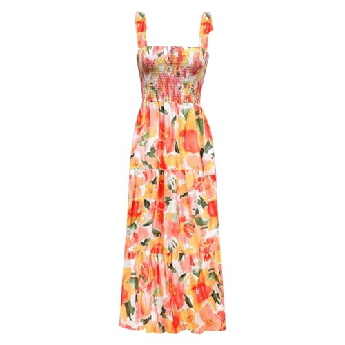 Damen Sommer Boho Spaghettiträger Quadratischer Ausschnitt Rüschen Casual Flowy Langes Kleid Strand Swing Party Maxikleid, Z-Orange, L von kinstell