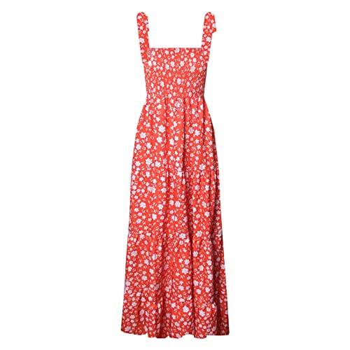 kinstell Damen Sommer Boho Spaghettiträger Quadratischer Ausschnitt Rüschen Casual Flowy Langes Kleid Strand Swing Party Maxikleid, 2-rot Floral, Klein von kinstell