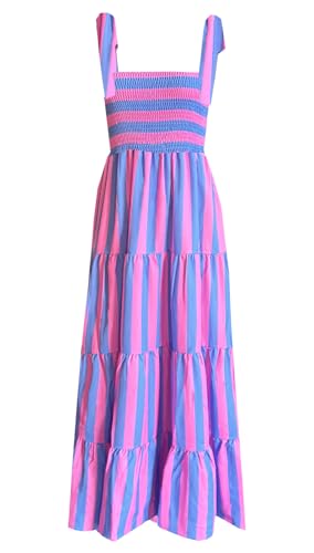 kinstell Damen Sommer Boho Spaghettiträger Quadratischer Ausschnitt Rüschen Casual Flowy Langes Kleid Strand Swing Party Maxikleid, H-pink gestreift, Mittel von kinstell