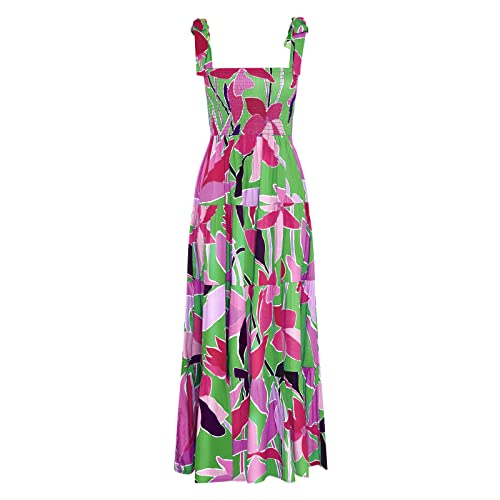 kinstell Damen Sommer Boho Spaghettiträger Quadratischer Ausschnitt Rüschen Casual Flowy Langes Kleid Strand Swing Party Maxikleid, Violett mit Blumenmuster, Klein von kinstell