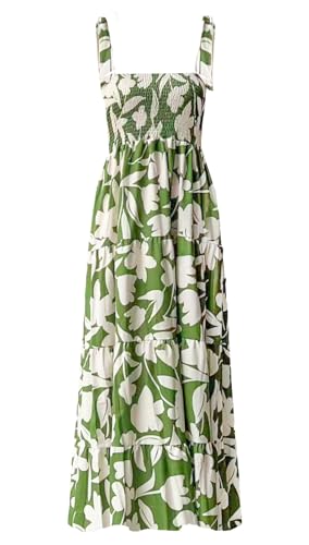kinstell Damen-Sommerkleid, Boho, Spaghettiträger, quadratischer Ausschnitt, Rüschen, langes Freizeitkleid, Strand, Swing-Party, Maxikleid, Klein von kinstell