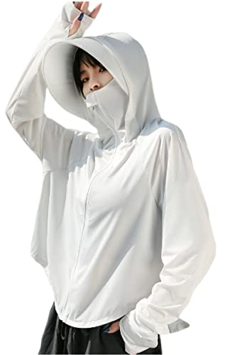 kiobrvhe Damen Sonnenschutz Jacke Full Zip UPF 50+ UV Sonnenschutz Kleidung Leichte Langarm Hoodie Sonnenshirt, Weiss/opulenter Garten, Einheitsgröße von kiobrvhe