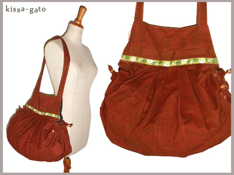 Ballontasche Umhängetasche Tasche Cord Braun Rost Webband Apfel Kissagato Shopper von kissagato