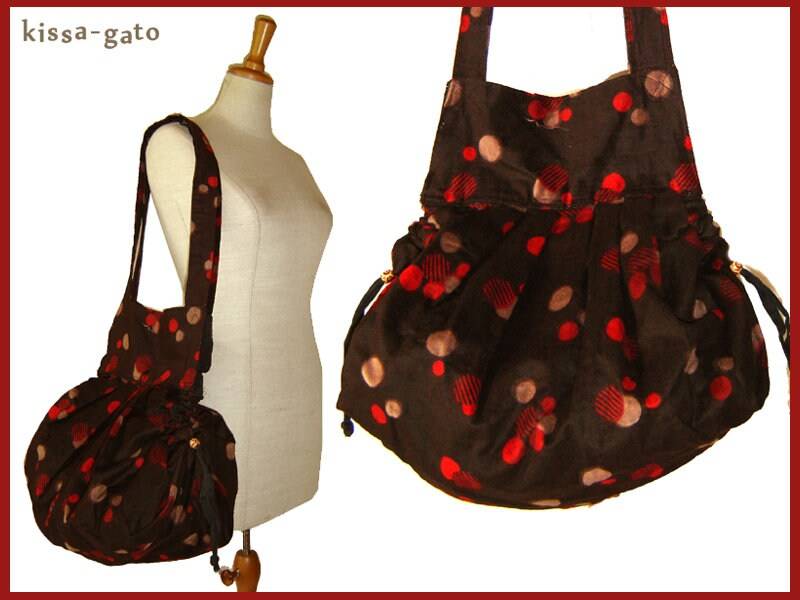 Ballontasche Umhängetasche Tasche Samt Braun Rot Punkte Kissagato Shopper von kissagato