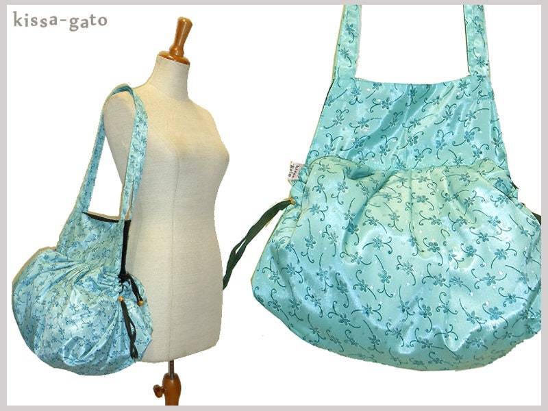 Ballontasche Umhängetasche Tasche Türkis Mint Satin Blume Kissagato Shopper Schultertasche von kissagato