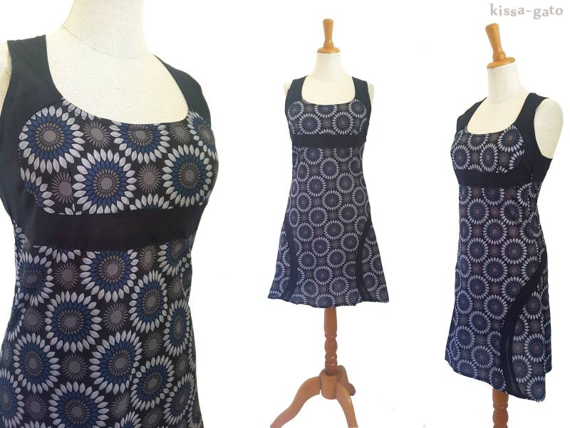 Baumwollkleid Kleid Sommerkleid Blume Blau Schwarz Kissagato S M L Xl Kurz von kissagato