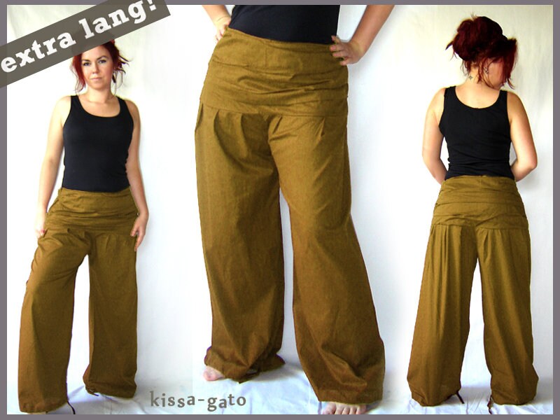 Faltenhose Extra Lang Breiter Bund Ocker Kissagato Hose Pumphose S M L Xl von kissagato