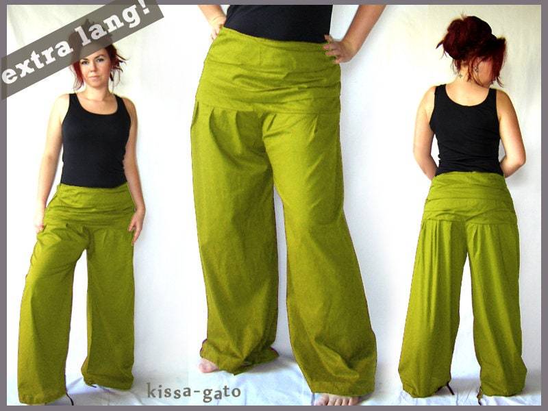 Faltenhose Extra Lang Breiter Bund Oliv Grün Kissagato Hose Pumphose S M L Xl von kissagato