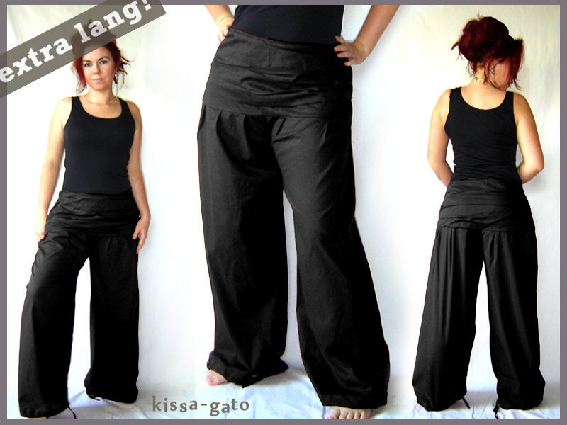 Faltenhose Extra Lang Breiter Bund Schwarz Kissagato Hose Pumphose S M L Xl von kissagato