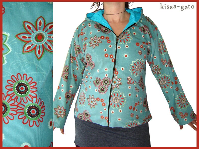 Jacke Jara Übergangsjacke Türkis Orange Blumen Leichter Cord Kissagato S M von kissagato