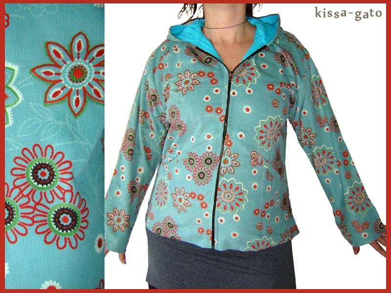 Jacke Jara Übergangsjacke Türkis Orange Blumen Leichter Cord Kissagato S M von kissagato