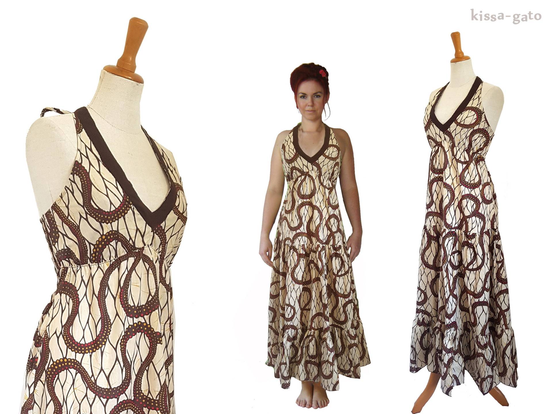 Maxikleid Bella Kleid Lang Natur Creme Braun Kissagato Neckholder Bodenlang von kissagato
