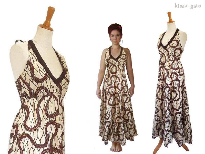 Maxikleid Bella Kleid Lang Natur Creme Braun Kissagato Neckholder Bodenlang von kissagato