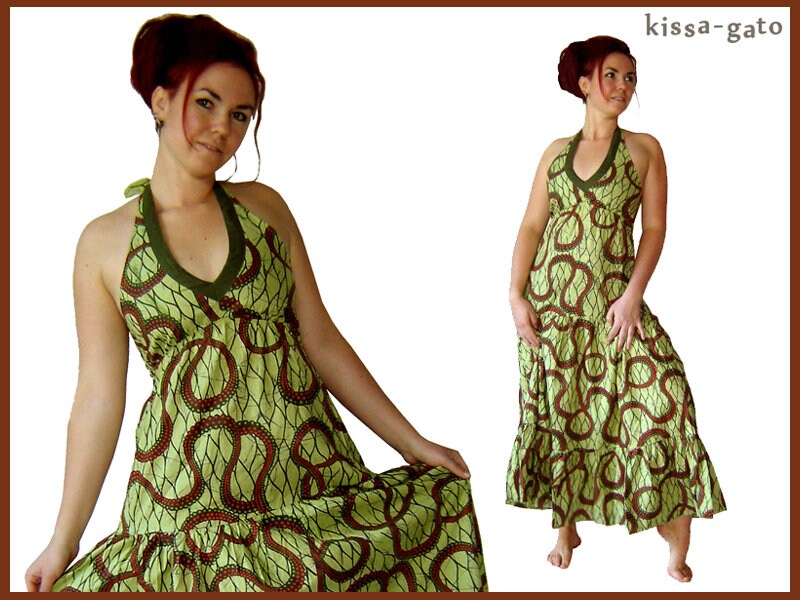 Maxikleid Bella Kleid Lang Oliv Grün Hellgrün Kissagato Neckholder Bodenlang von kissagato
