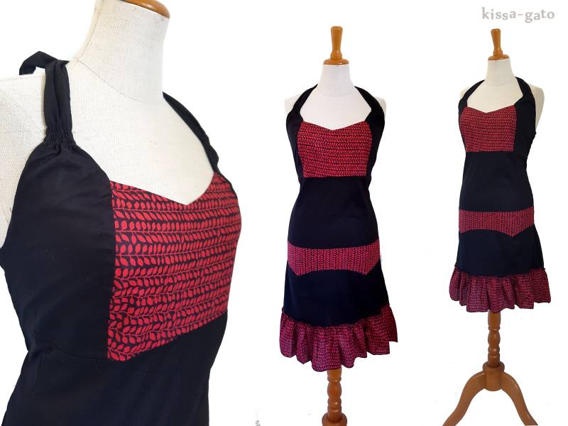 Neckholderkleid Rockabilly Kleid Schwarz Rot Knielang Kissagato Neckholder S M L Xl von kissagato