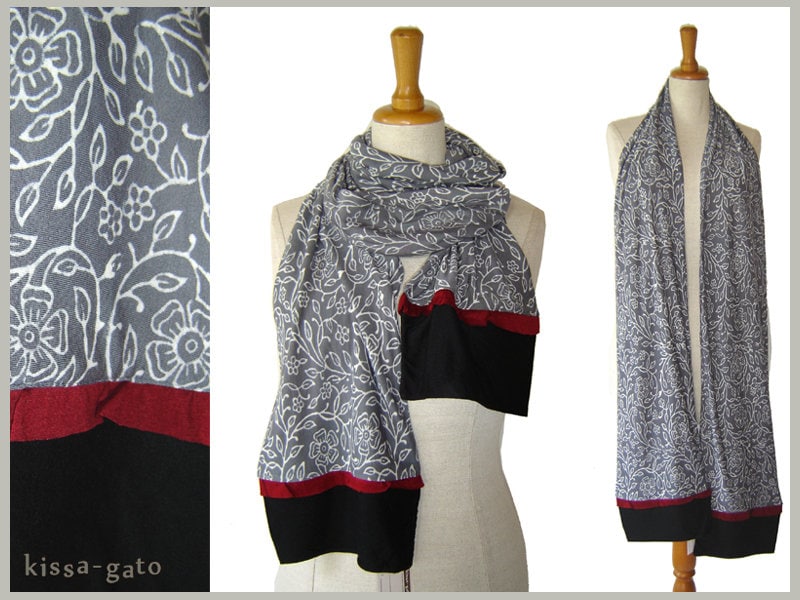 Schal Blockprint Grau Rot Schwarz Blume Lang Kissagato von kissagato