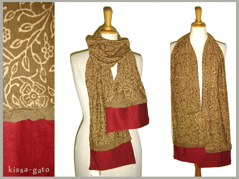 Schal Blockprint Kaffeebraun Braun Camel Dunkelrot Blume Lang Kissagato von kissagato
