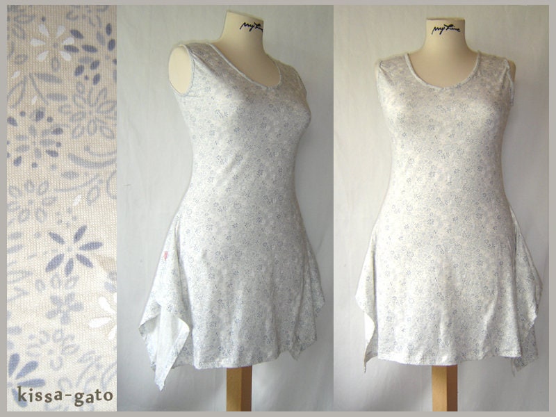 Tunika Siba Kleid Longshirt Weiß Blau Grau Blumen Lagenlook Shirt Kissagato L Xl von kissagato