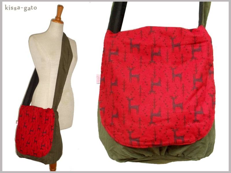 Umhängetasche Cord Rot Hirsche Army Tasche Schultertasche Beutel Kissagato Shopper von kissagato