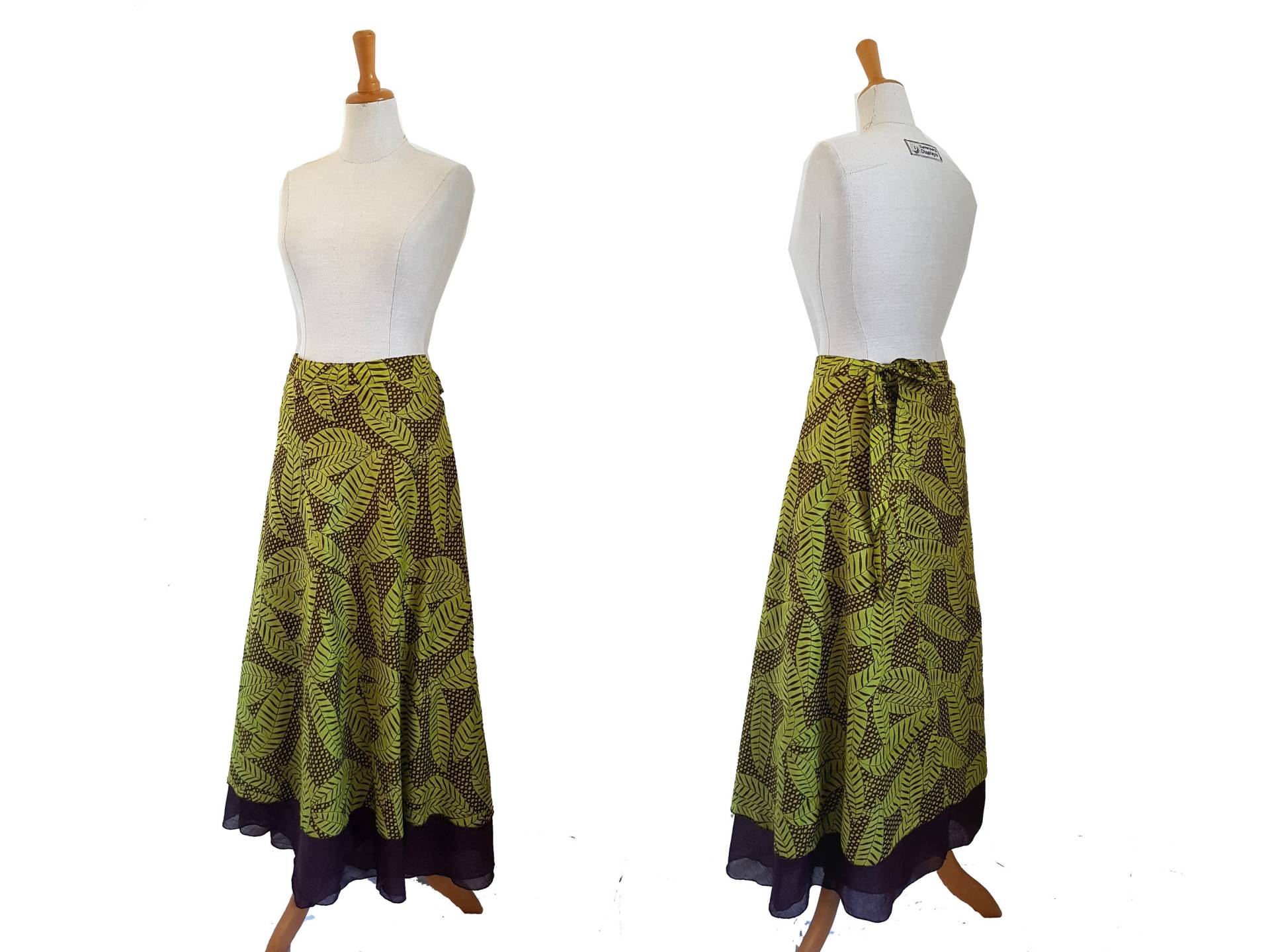 Wickelrock Tellerrock Rock Lang Blätter Oliv Gelb Grün Kissagato Maxirock Bodenlang Weit von kissagato