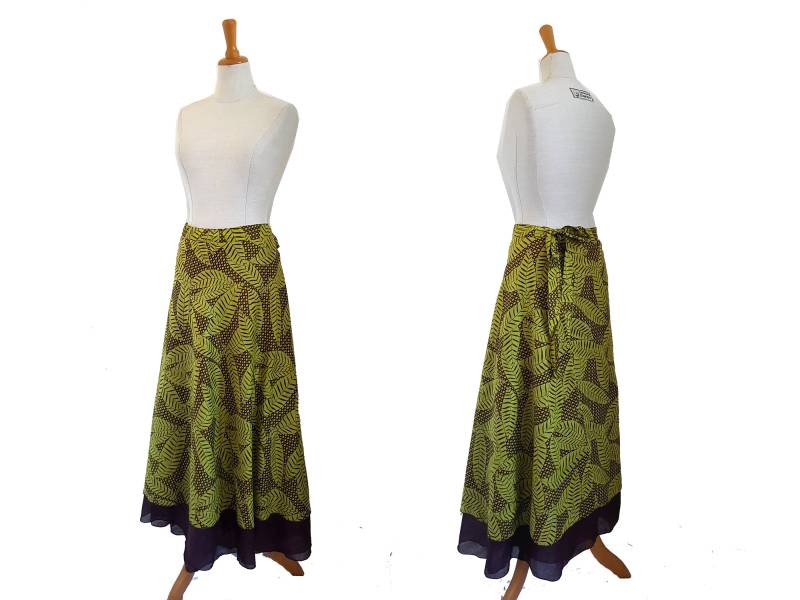 Wickelrock Tellerrock Rock Lang Blätter Oliv Gelb Grün Kissagato Maxirock Bodenlang Weit von kissagato