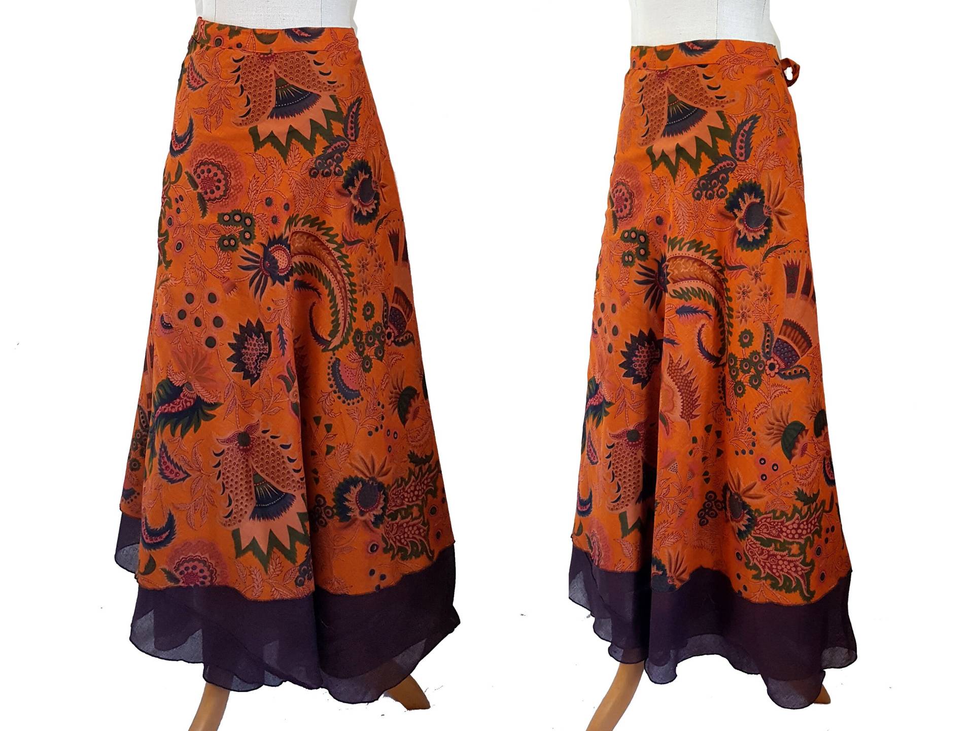 Wickelrock Tellerrock Rock Lang Blumen Rost Orange Kissagato Maxirock Bodenlang Weit von kissagato