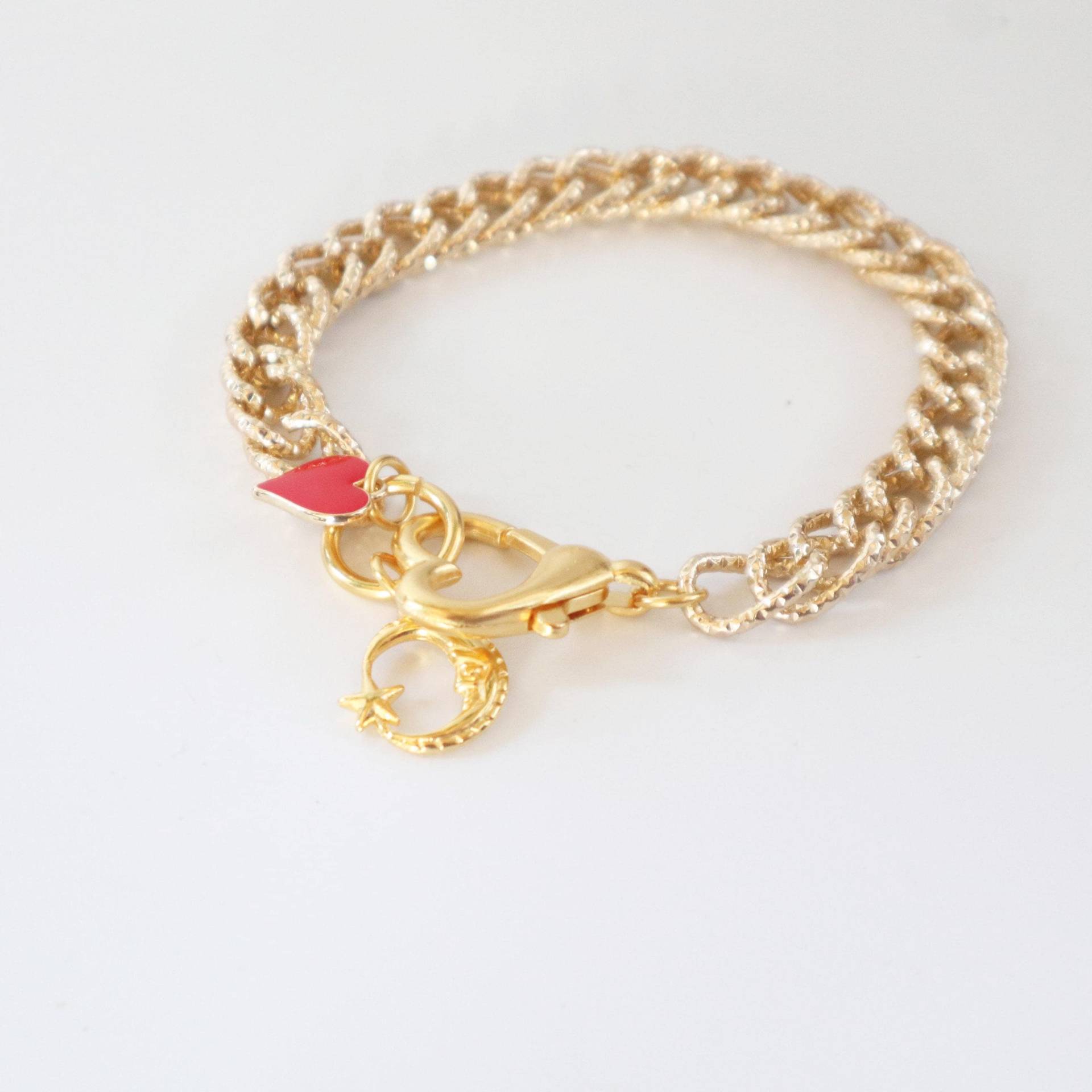 Charm-Kettenarmband Mit Herz-Karabinerverschluss, Bettelarmband, Armband 24 Karat Vergoldete Dicke Kette, Hängende Anhänger von kissthatfrogeu