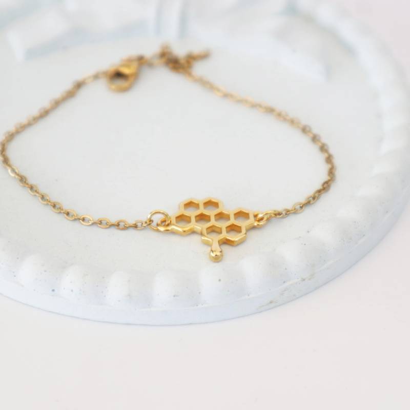 Goldenes Bienenwaben-Kettenarmband, Armband Mit Zarter Kette, 24K Vergoldet Armband von kissthatfrogeu